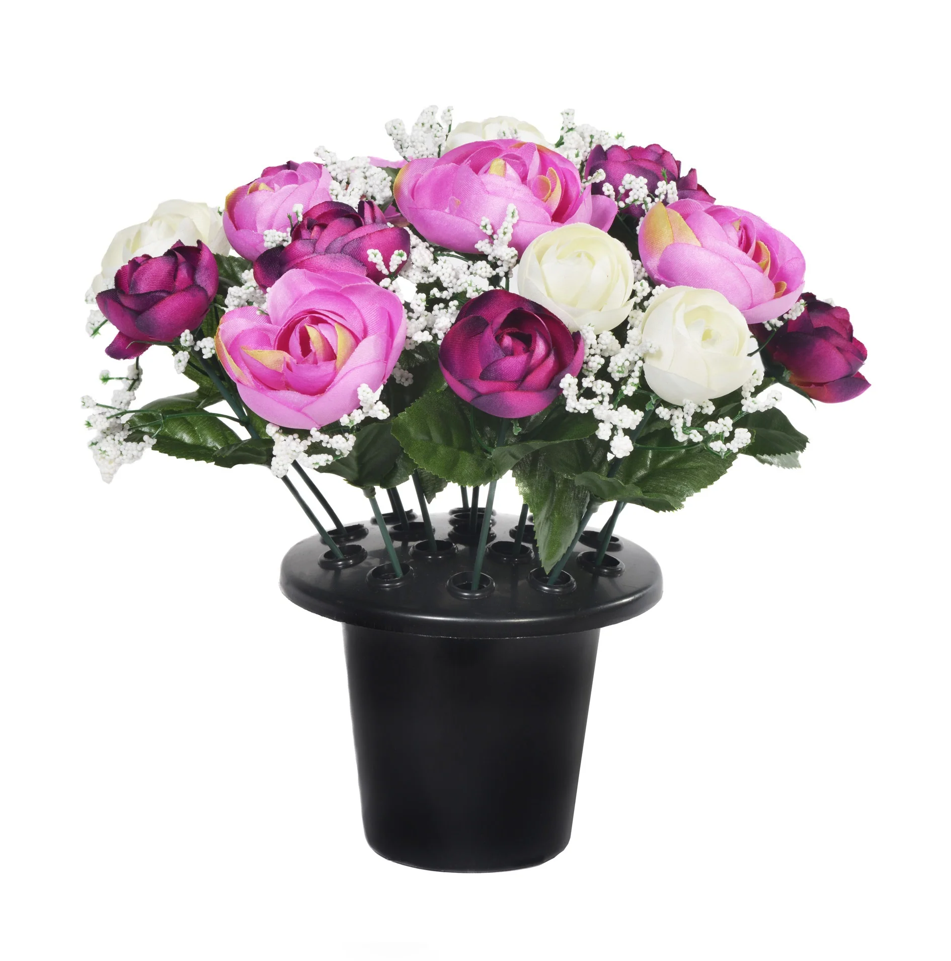 Artificial Purple Ranunculus Flowers with Foliage Grave Pot - 25cm