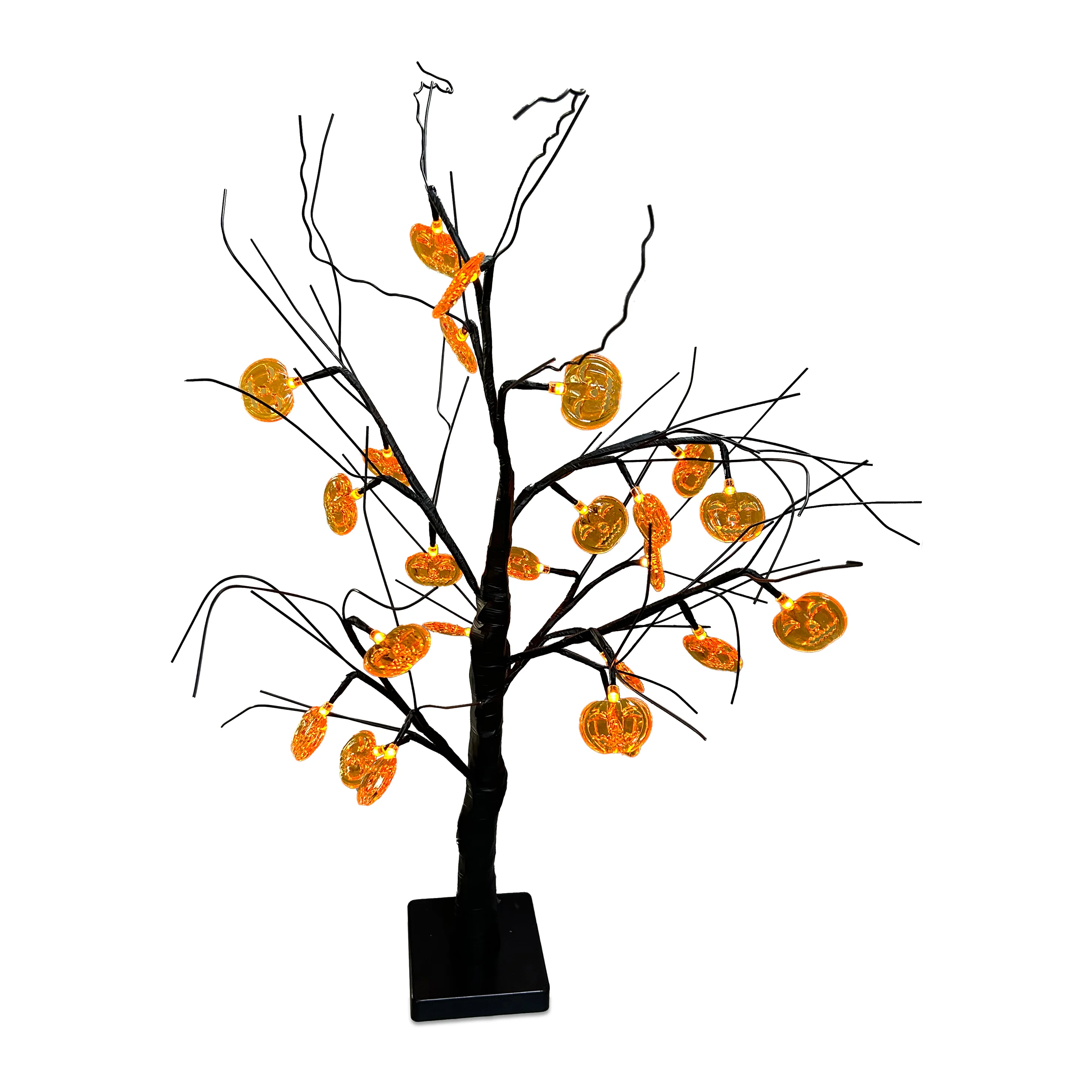 Halloween Lit Black Twig Tree with Pumpkins and 24 White Battery Operated LEDs and Timer 60cm
