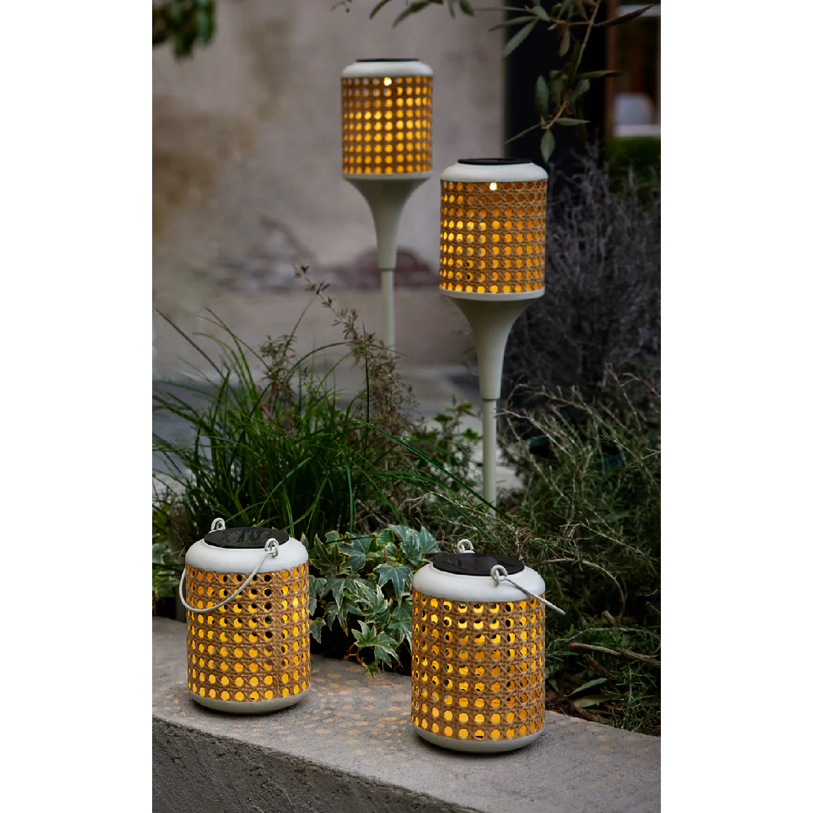 Bamboo Cane Solar Powered Metal Garden Stake & Lantern Lights - Gift Set of 4