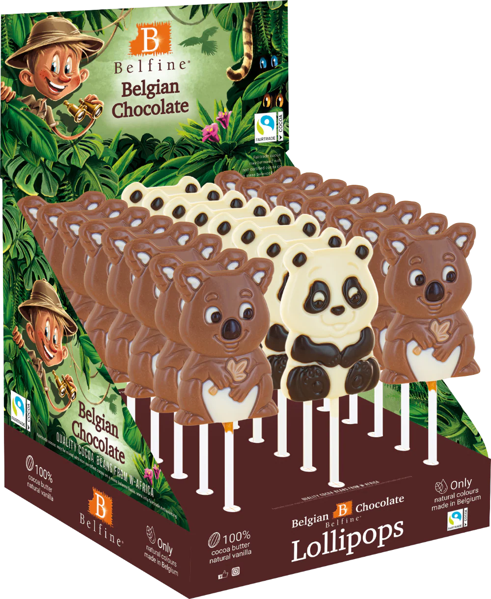 Belfine Safari Mix Orangutang, Panda or Koala Chocolate Lolly - 25g