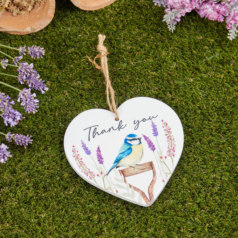 Blue Tit Thank You Ceramic Heart Hanger with Floral Spade Design