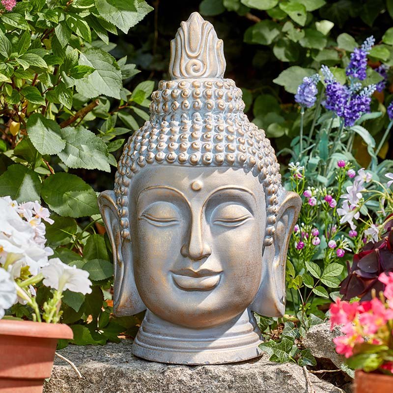 Brushed Gold Finish Large Buddha Head Garden Ornament