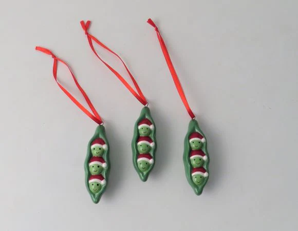 Ceramic Christmas Peas in Pod Bauble with Santa Hats
