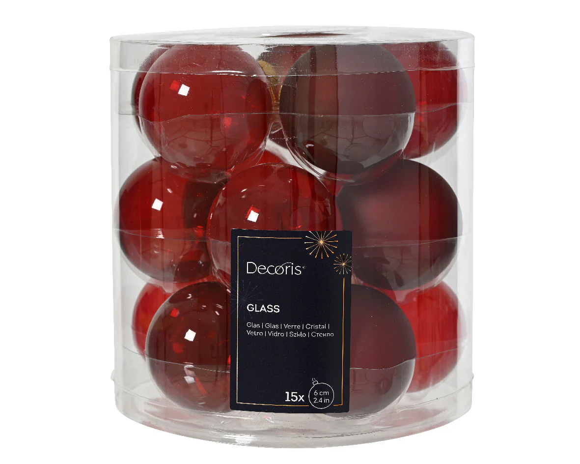 Christmas Red Glass Unsilvered 6cm Baubles - Tube of 15