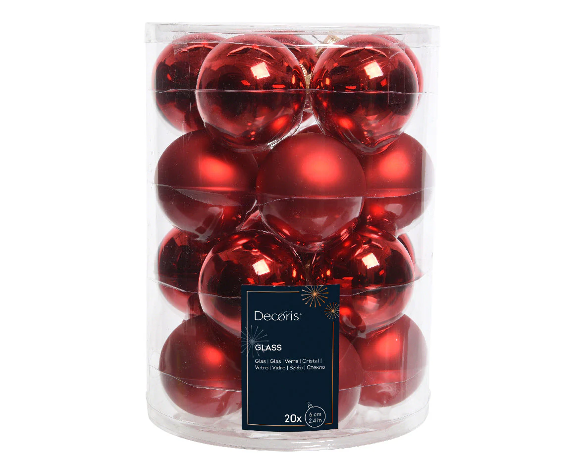 Christmas Red Shiny & Matt Mix of Glass Baubles - Tube of 20