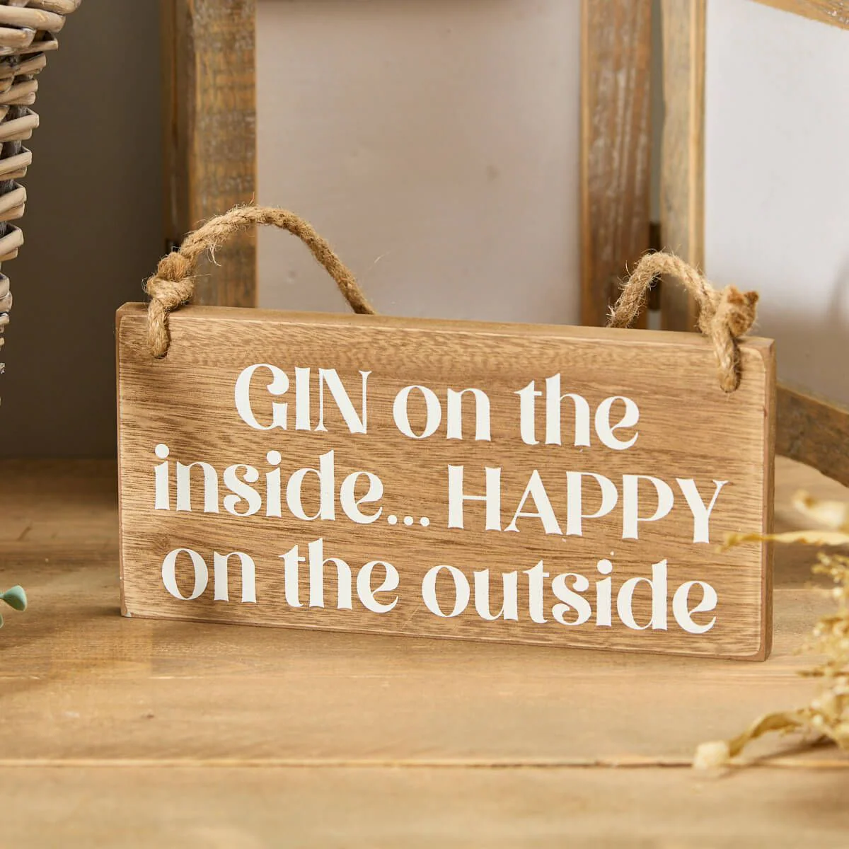 Gin On The Outside Drink Plaque Chunky Natural Wood With Quote