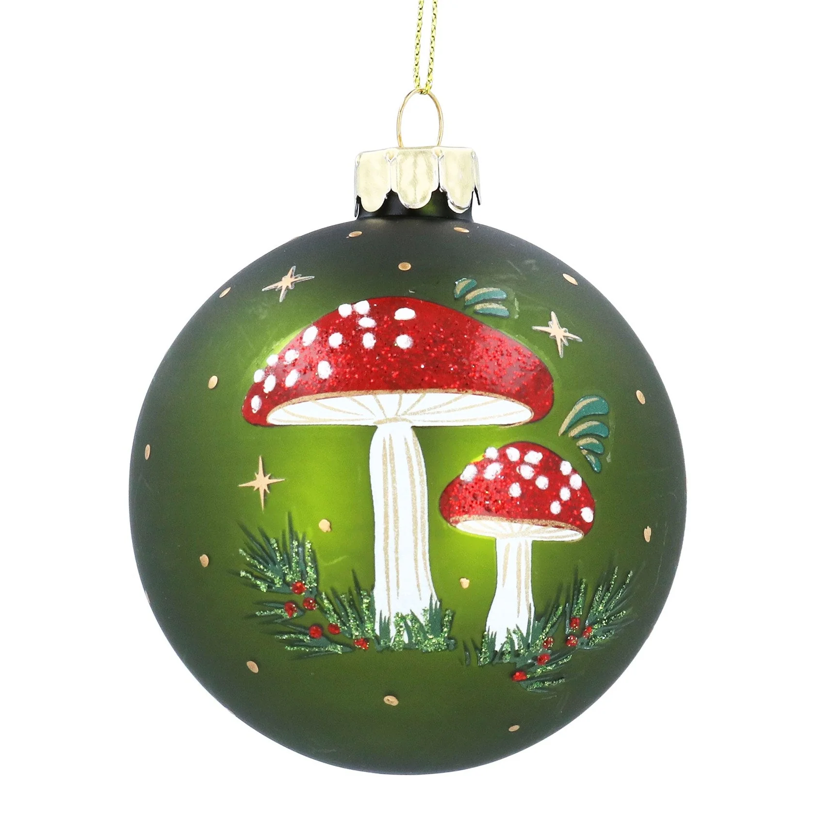 Gisela Graham Matt Moss Green Toadstools Glass Ball Bauble - 8cm