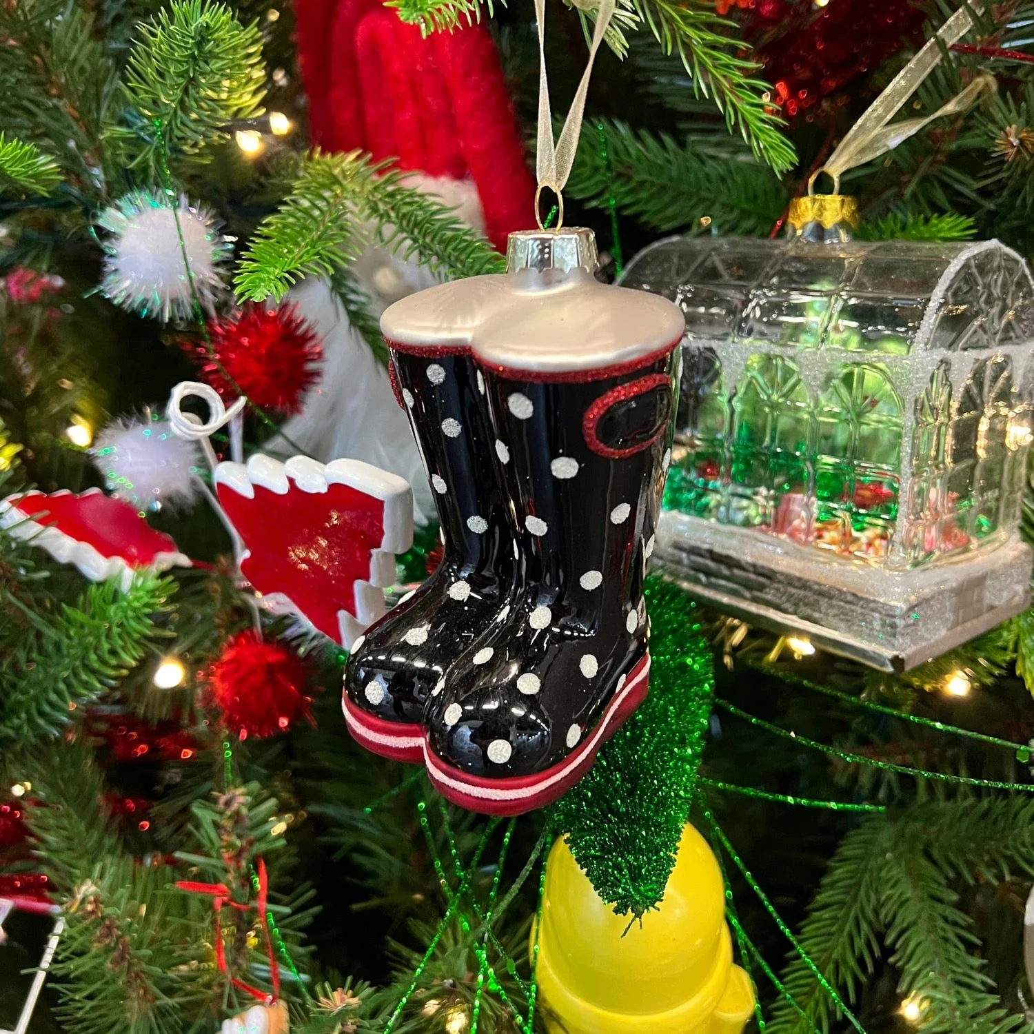 Glass Spotty Welly Boots Hanging Bauble Decoration - Image 2