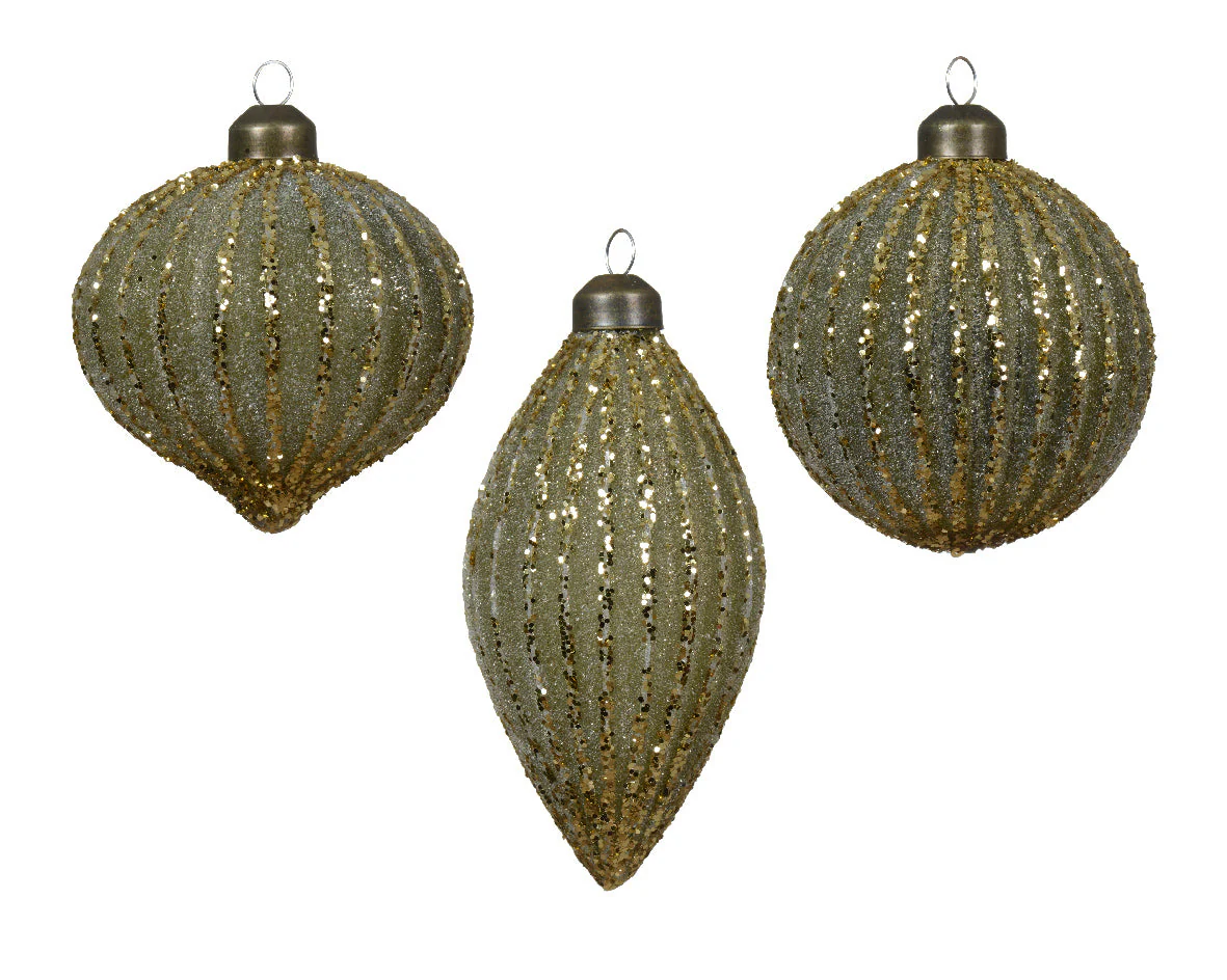 Green Glass Bauble with Glitter Line Detailing