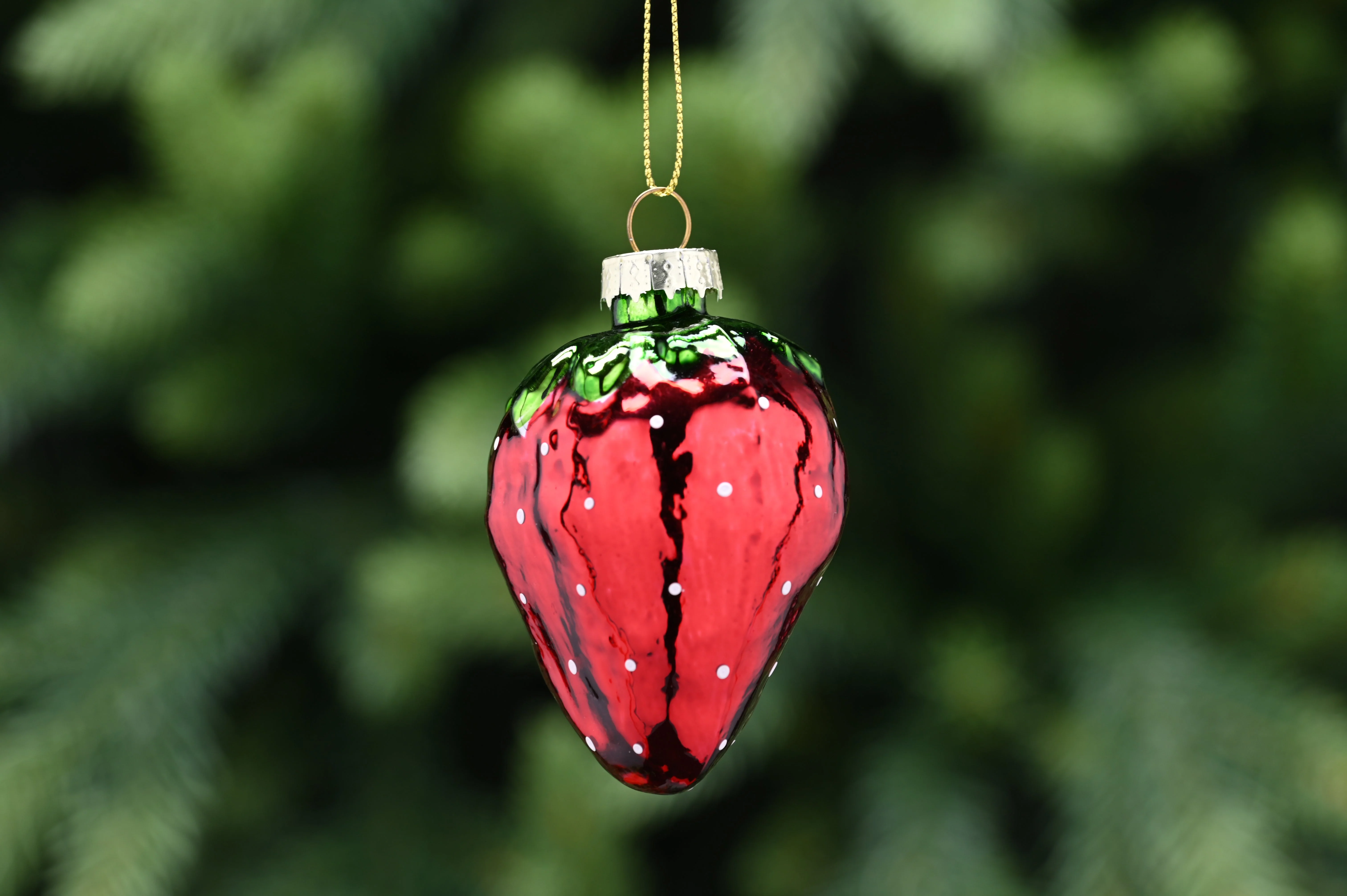 Hanging Red Glass Strawberry with White Spots Christmas Bauble