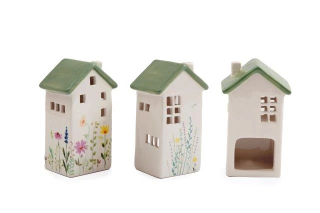 Ceramic Floral House Tealight Holder with Green Roof