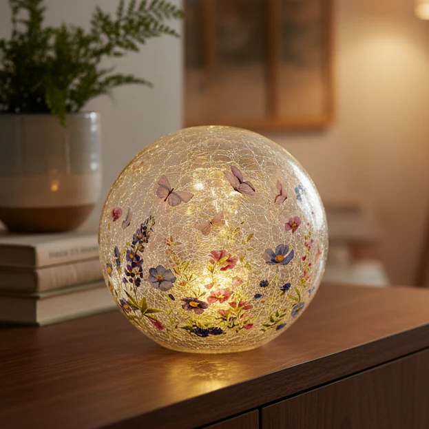 Glass LED Light Up Floral Butterfly Ball 15cm