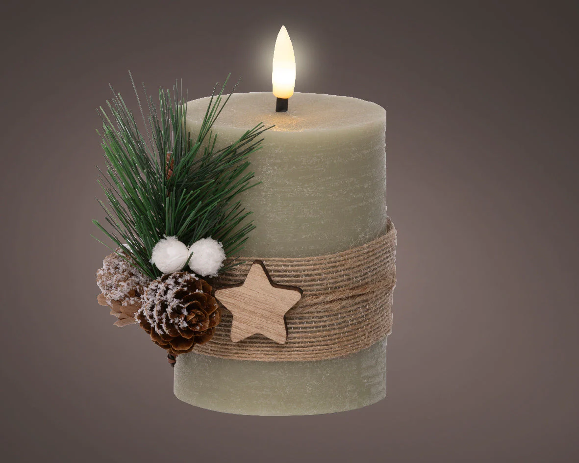 LED Green Wax Candle with Pinecones - 13cm