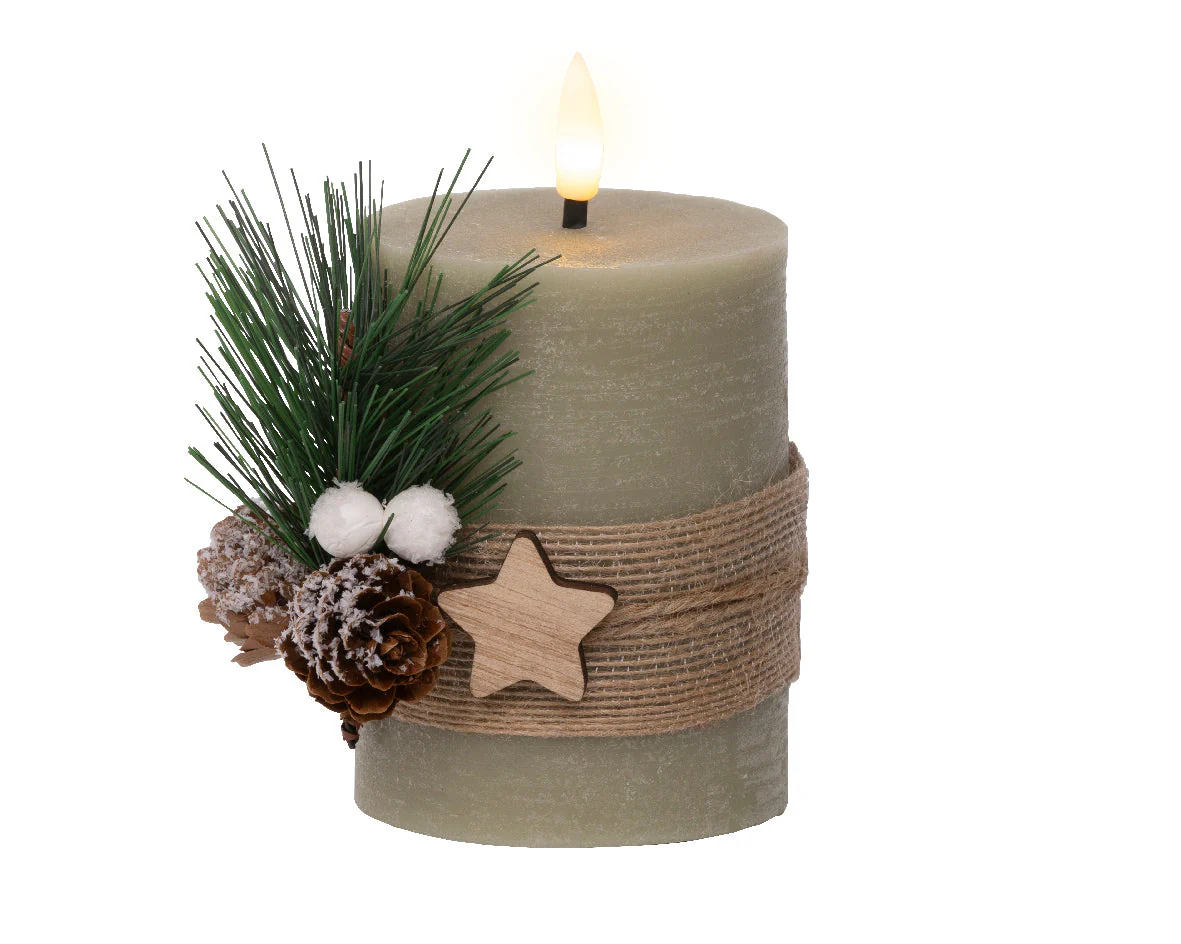 LED Green Wax Candle with Pinecones - 13cm - Image 2