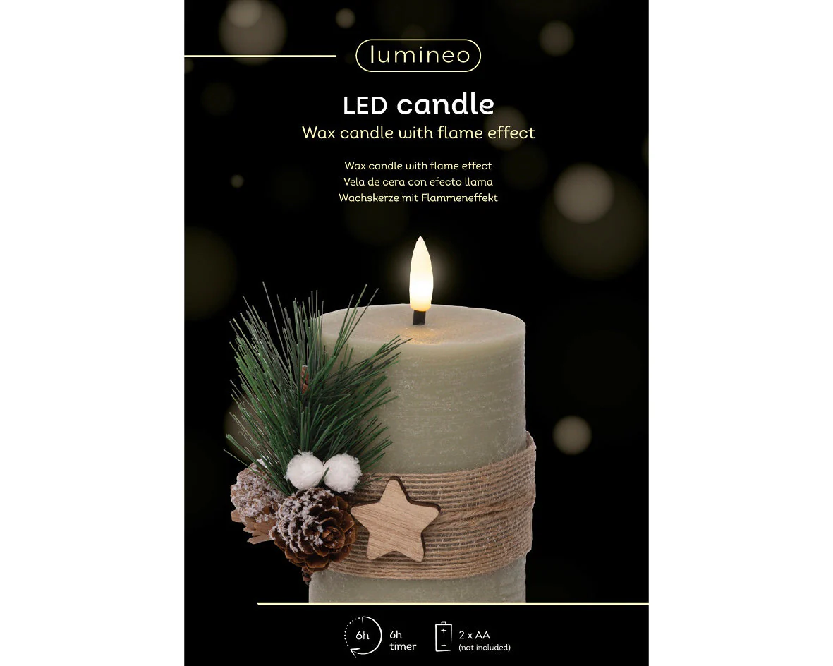 LED Green Wax Candle with Pinecones - 13cm - Image 3