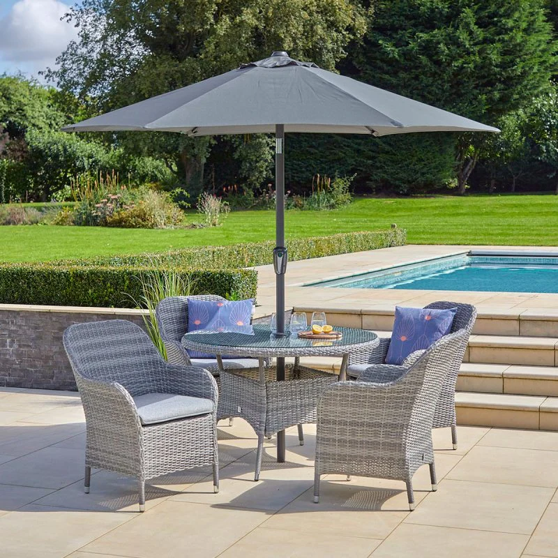 Leisure Grow - Monte Carlo Stone 4 Seat Dining Set with 2.5m Parasol - Stone Grey