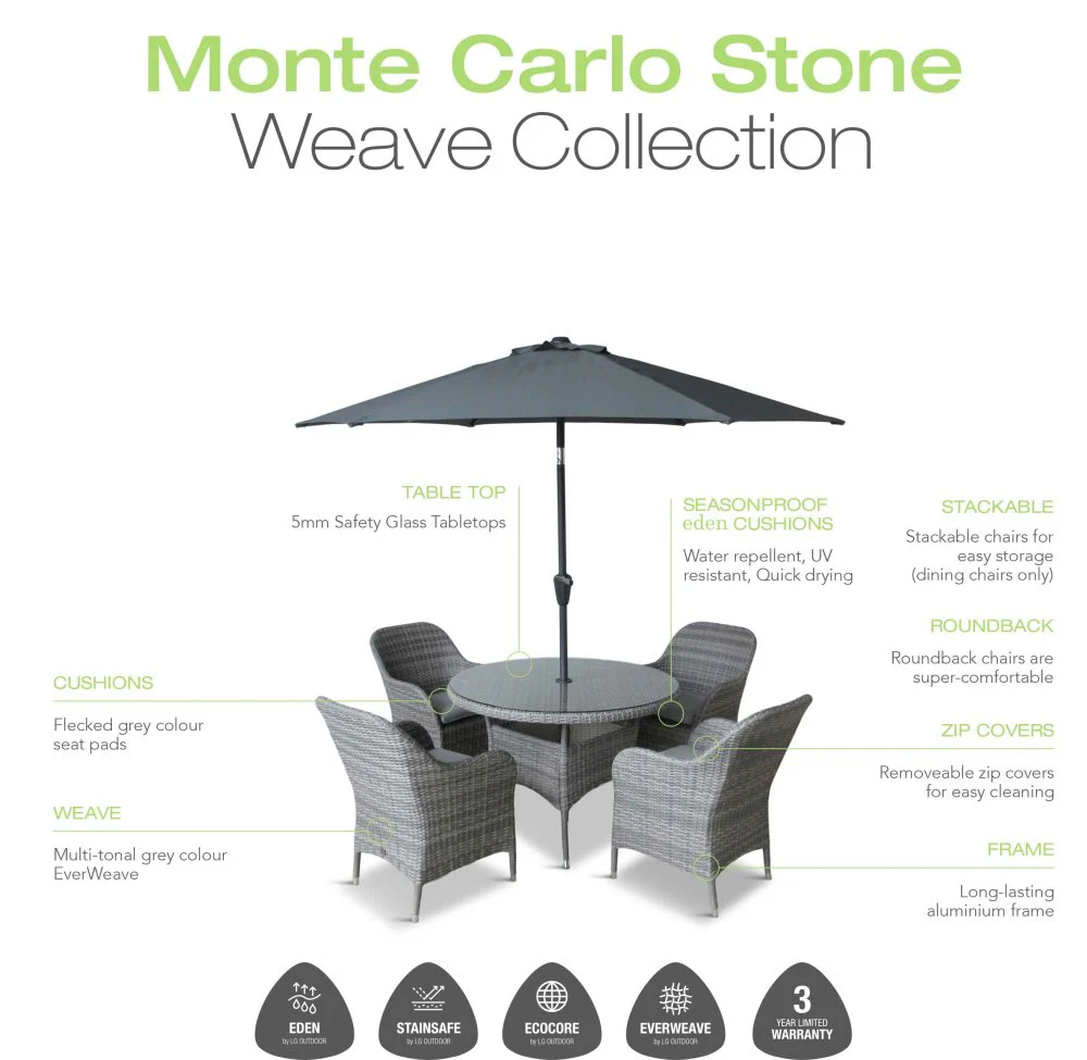 Leisure Grow - Monte Carlo Stone 4 Seat Dining Set with 2.5m Parasol - Stone Grey - Image 7