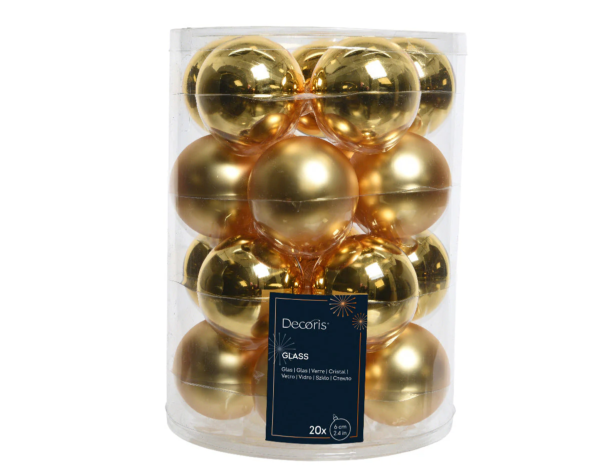 Light Gold Shiny & Matt Mix of Glass Baubles - Tube of 20