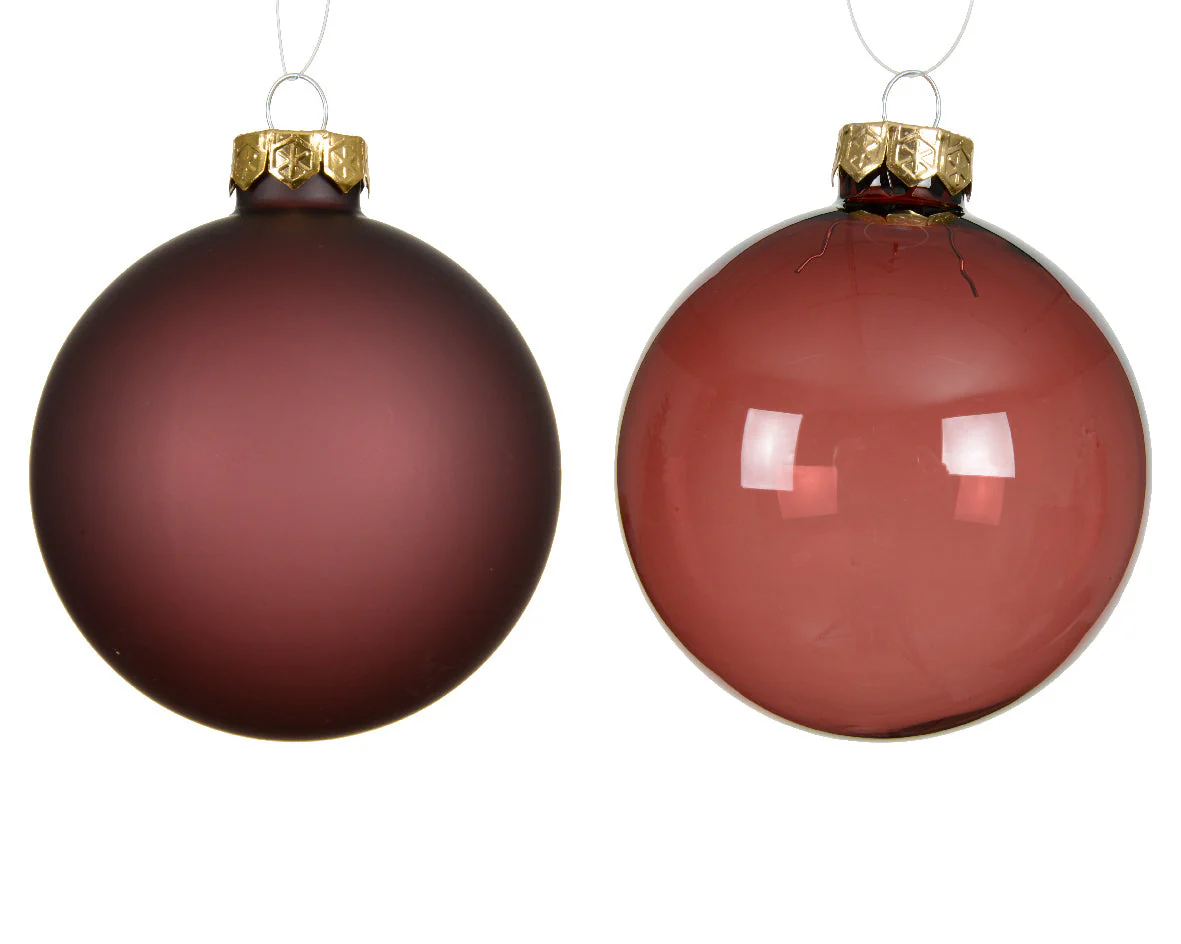 Maroon Transparent Glass Baubles Shiny & Matte 8cm - Box of 4 - Image 2