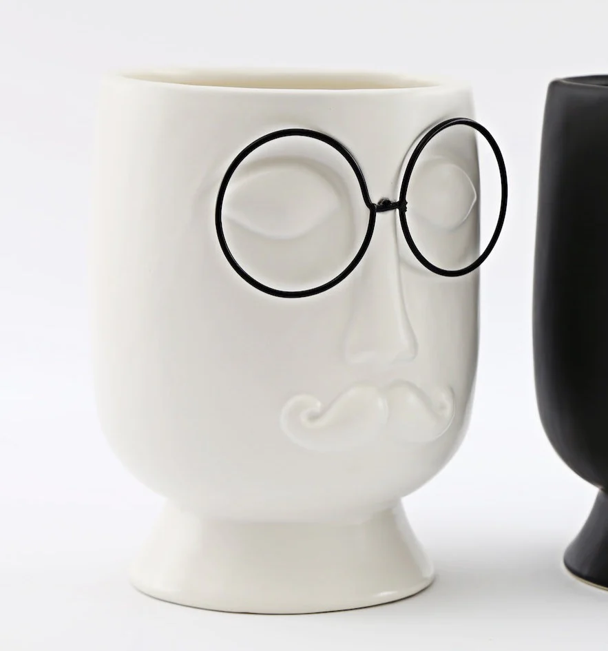 Monochrome Man Planter House Plant Pot with Glasses & Moustache - Image 2