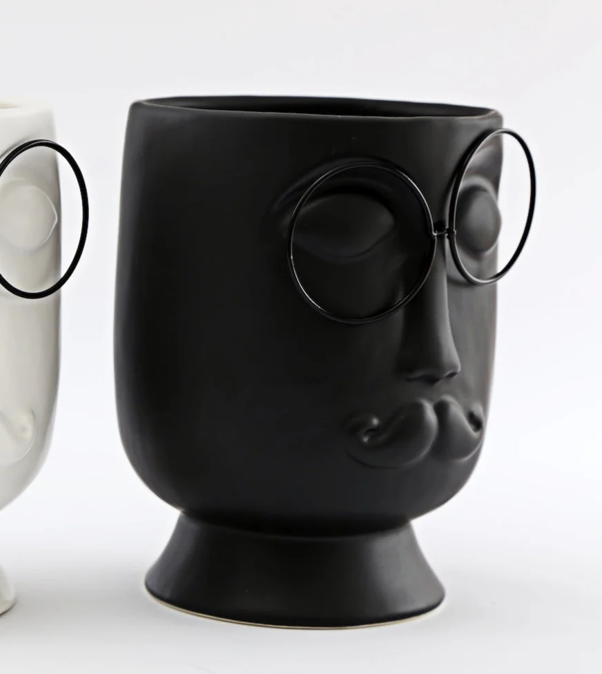 Monochrome Man Planter House Plant Pot with Glasses & Moustache - Image 3