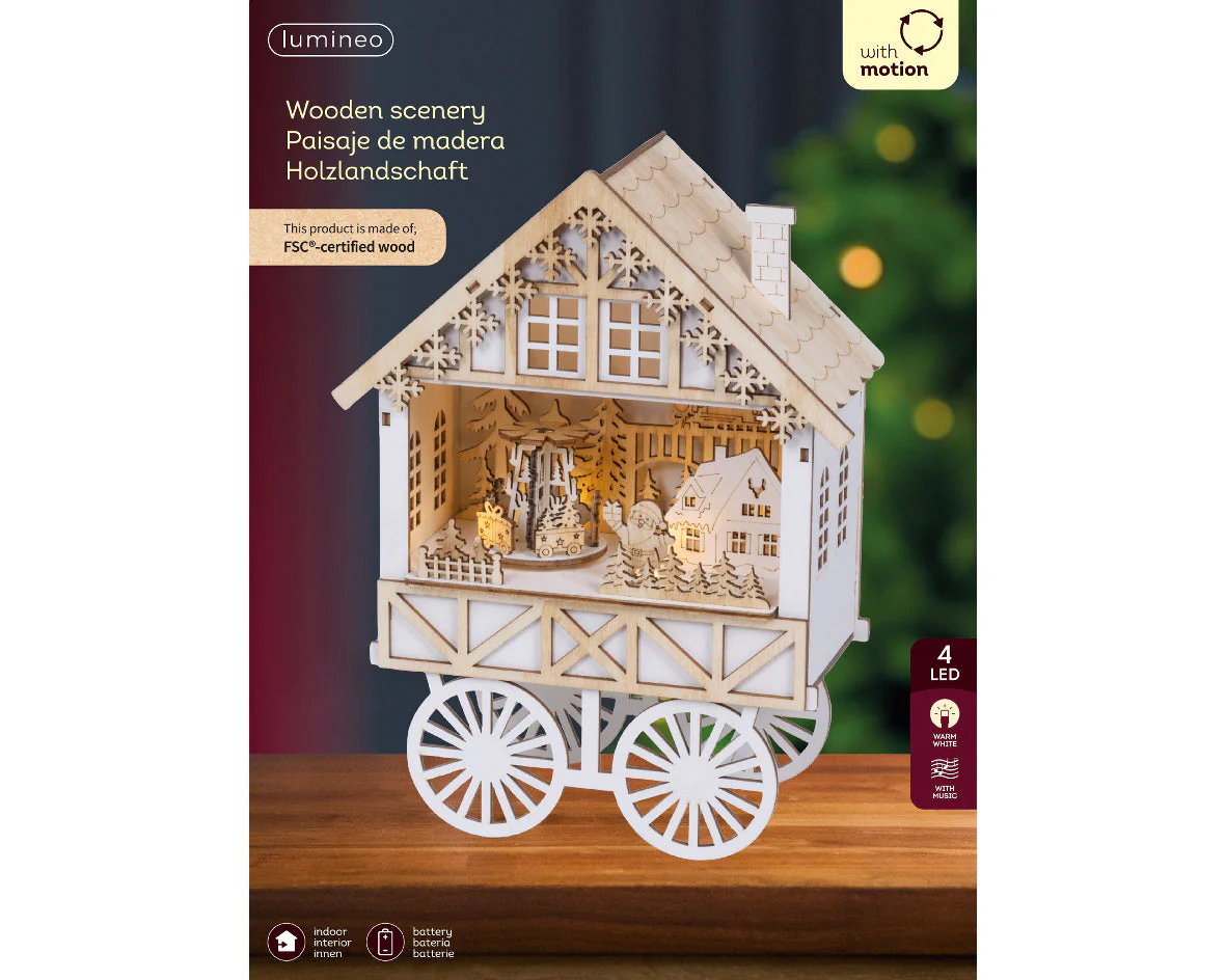 Natural Wood Warm White Light Up Christmas Market Cart - Image 3