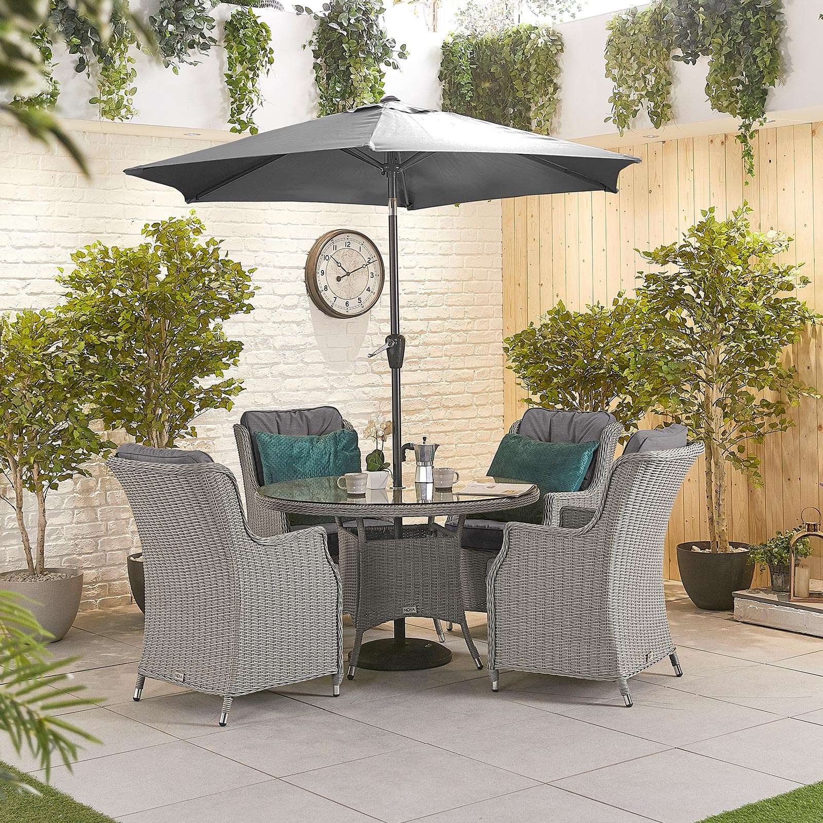 Nova Outdoor Living - Heritage Thalia 4 Seat Dining Set with 1.2m Round Table White Wash Grey Rattan