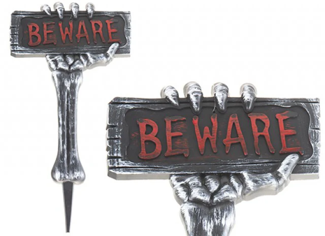 Skelton Hand Holding Beware Sign with Stake - 53cm