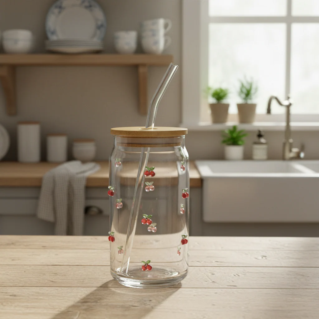 Summer Cherry Drinking Glass with Straw - Image 3