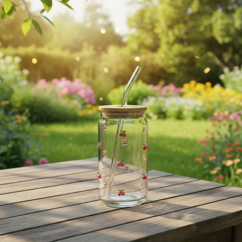 Summer Cherry Drinking Glass with Straw - Image 5