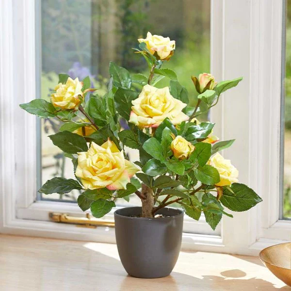 Artificial Regent Rose Potted Plant Tree Faux Flowers – 40cm Sunshine Yellow