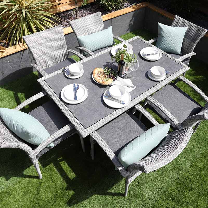 Supremo Iris 6 Seat Outdoor Dining Set with Rectangular Table, Parasol & Base - Image 3