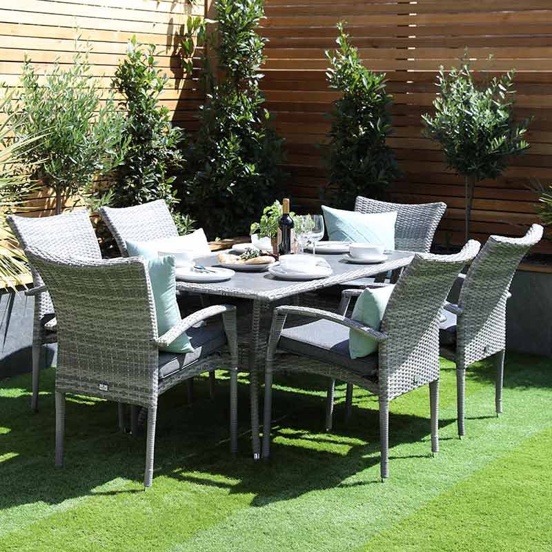 Supremo Iris 6 Seat Outdoor Dining Set with Rectangular Table, Parasol & Base - Image 5