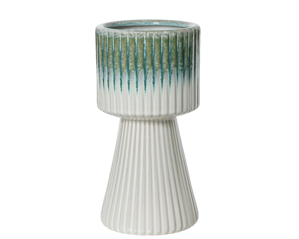 White & Sea Green Textured Shiny Tall Stoneware House Plant Pot