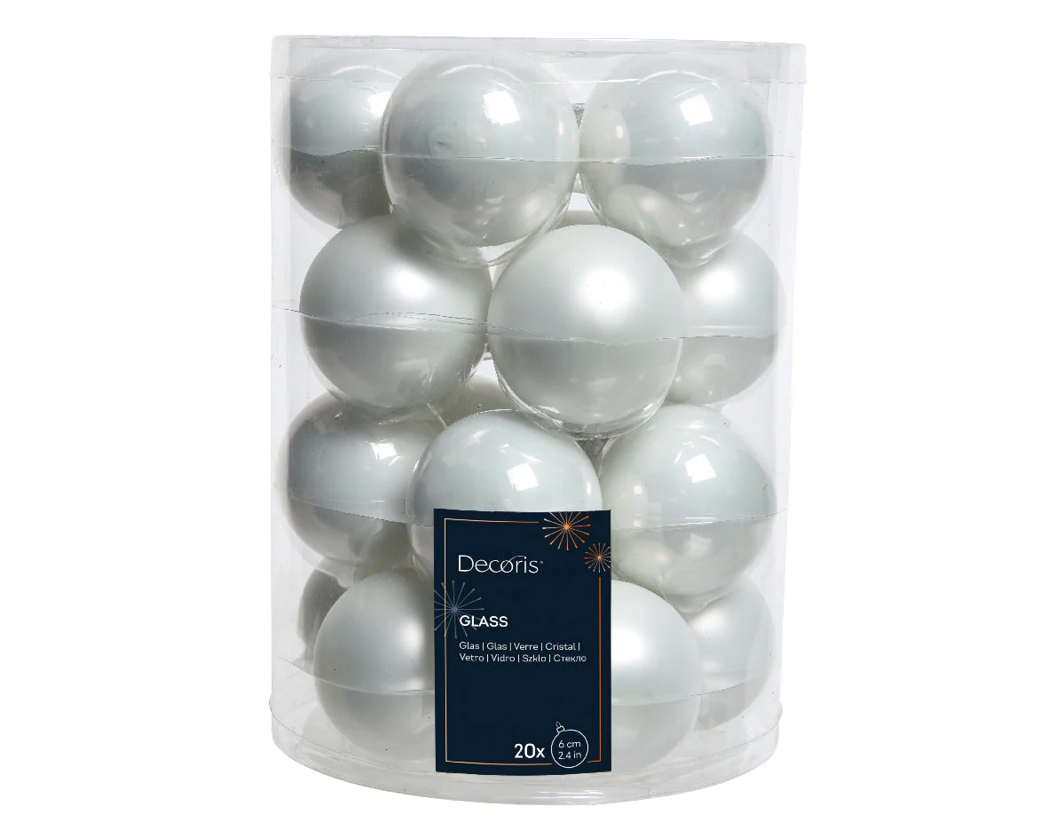 Winter White Mixed 6cm Glass Baubles - Tube of 20