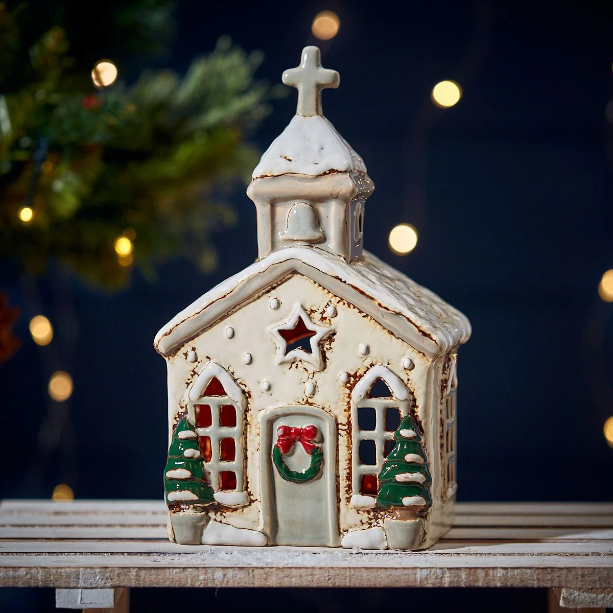 Xmas Church Tealight Holder Natural Embossed Stoneware