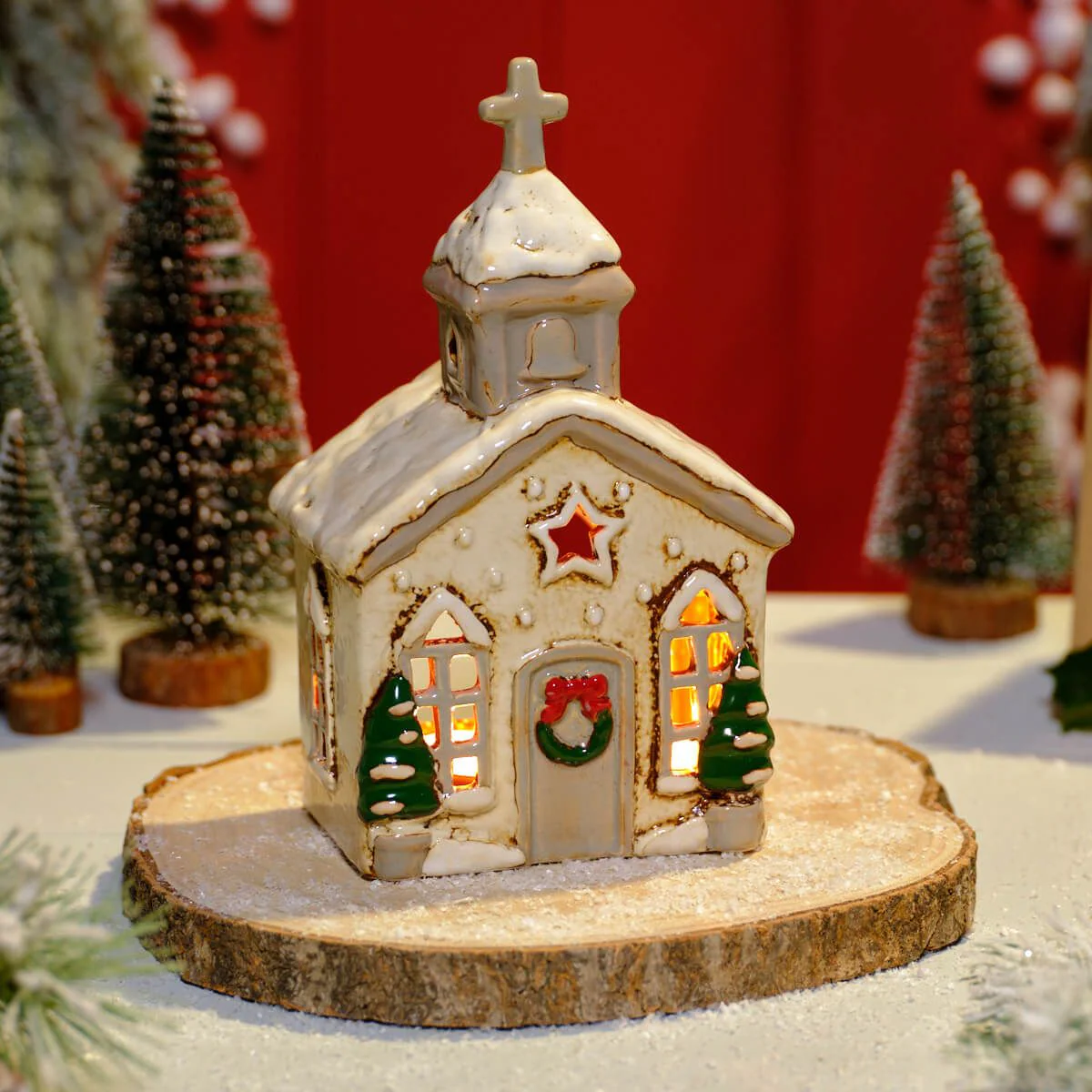 Xmas Church Tealight Holder Natural Embossed Stoneware - Image 2